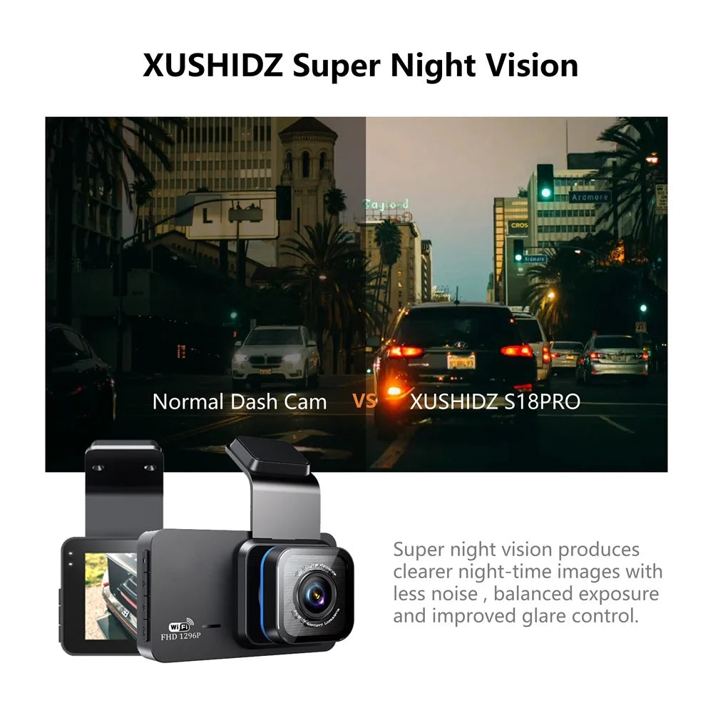 XUSHIDZ X02 2K WiFi Dash Cam – Dual-Channel with Night Vision & Parking Monitor
