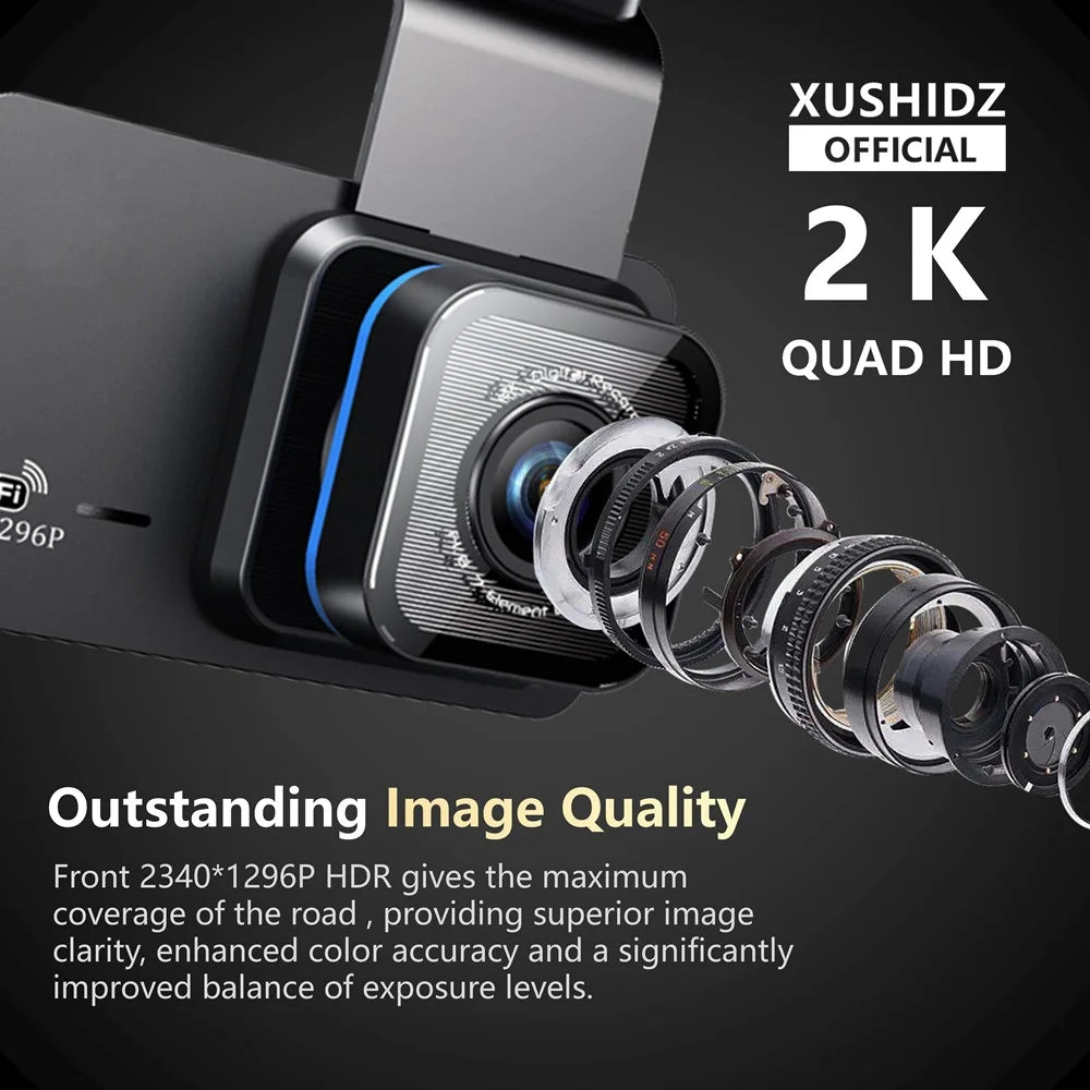 XUSHIDZ X02 2K WiFi Dash Cam – Dual-Channel with Night Vision & Parking Monitor