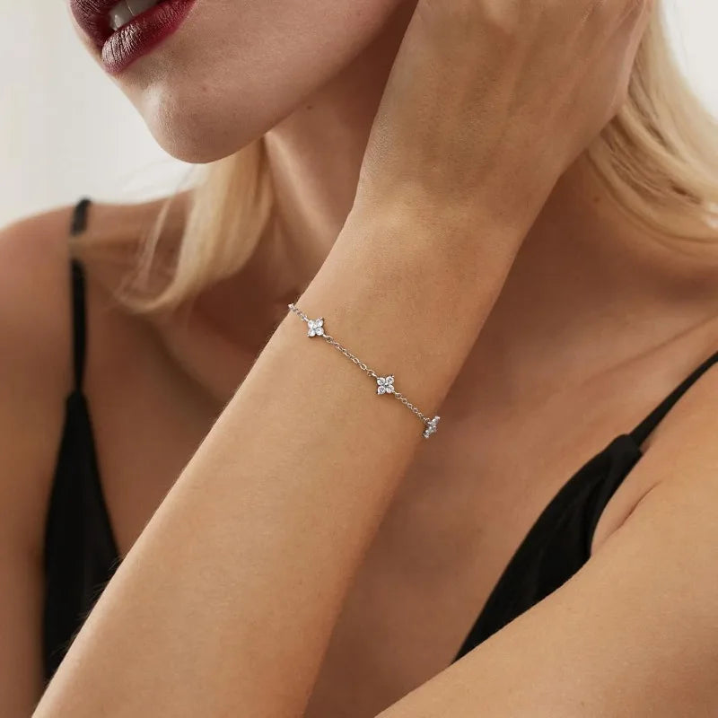 925 Silver Plated CZ Four-Leaf Flower Adjustable Bracelet – Dainty 18k Gold
