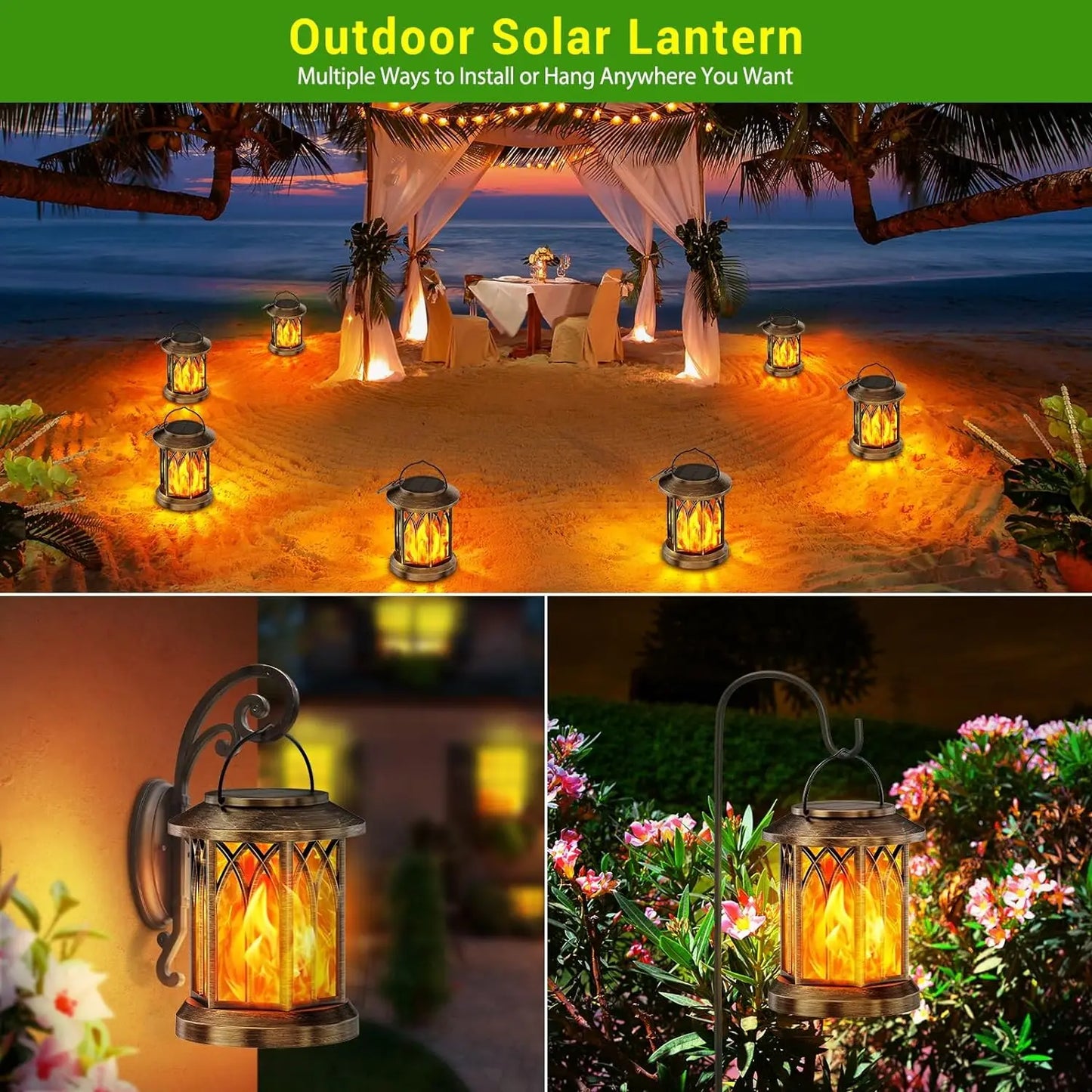 2 Pack Solar Flickering Flame Lanterns - Outdoor Hanging Garden Lights (Bronze/Black)
