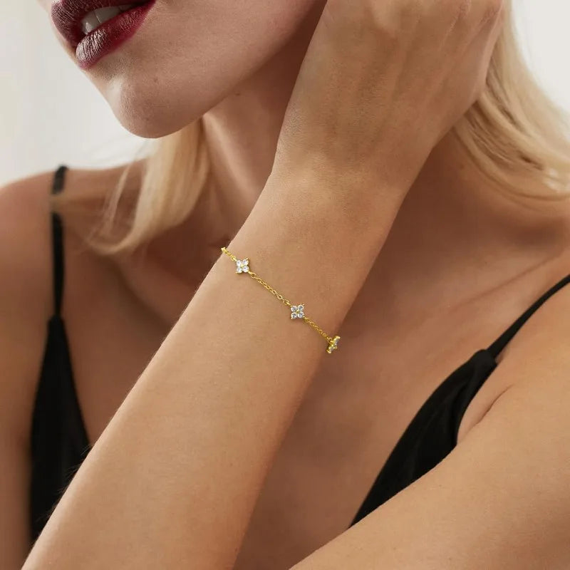 925 Silver Plated CZ Four-Leaf Flower Adjustable Bracelet – Dainty 18k Gold