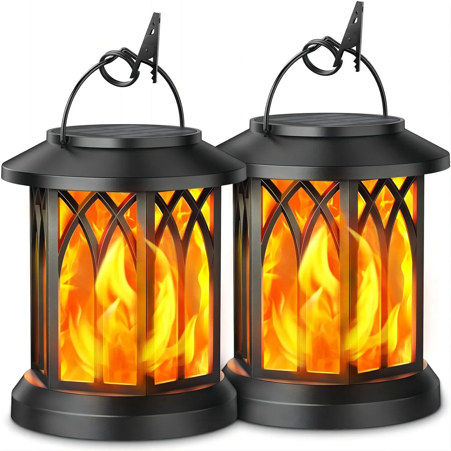2 Pack Solar Flickering Flame Lanterns - Outdoor Hanging Garden Lights (Bronze/Black)