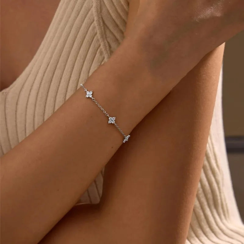 925 Silver Plated CZ Four-Leaf Flower Adjustable Bracelet – Dainty 18k Gold