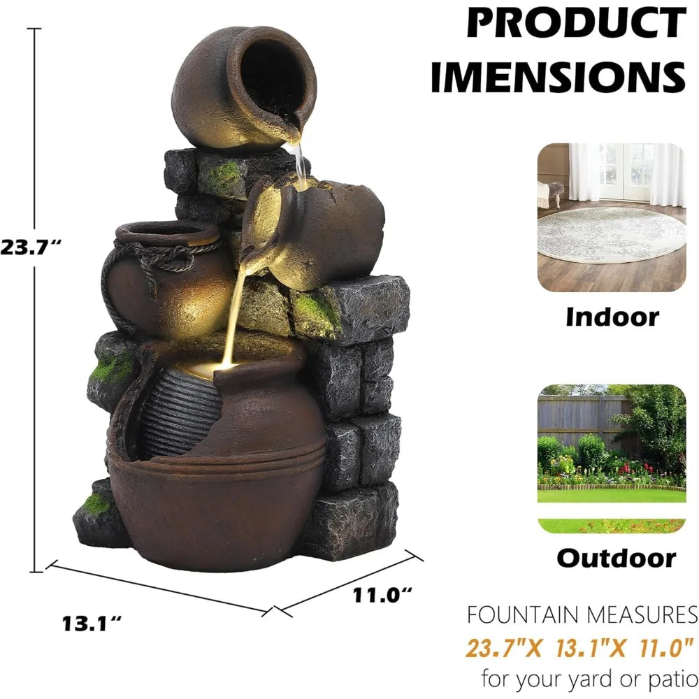 Outdoor Water Fountain with Flower Pot & Lights – Cascading Garden Waterfall