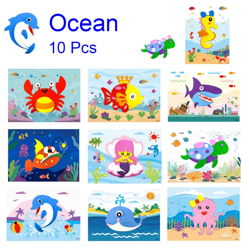 10-Piece 3D EVA Foam Sticker Set – Ocean Animals, Vehicles & Dinosaurs