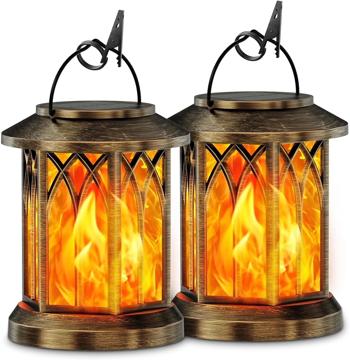 2 Pack Solar Flickering Flame Lanterns - Outdoor Hanging Garden Lights (Bronze/Black)