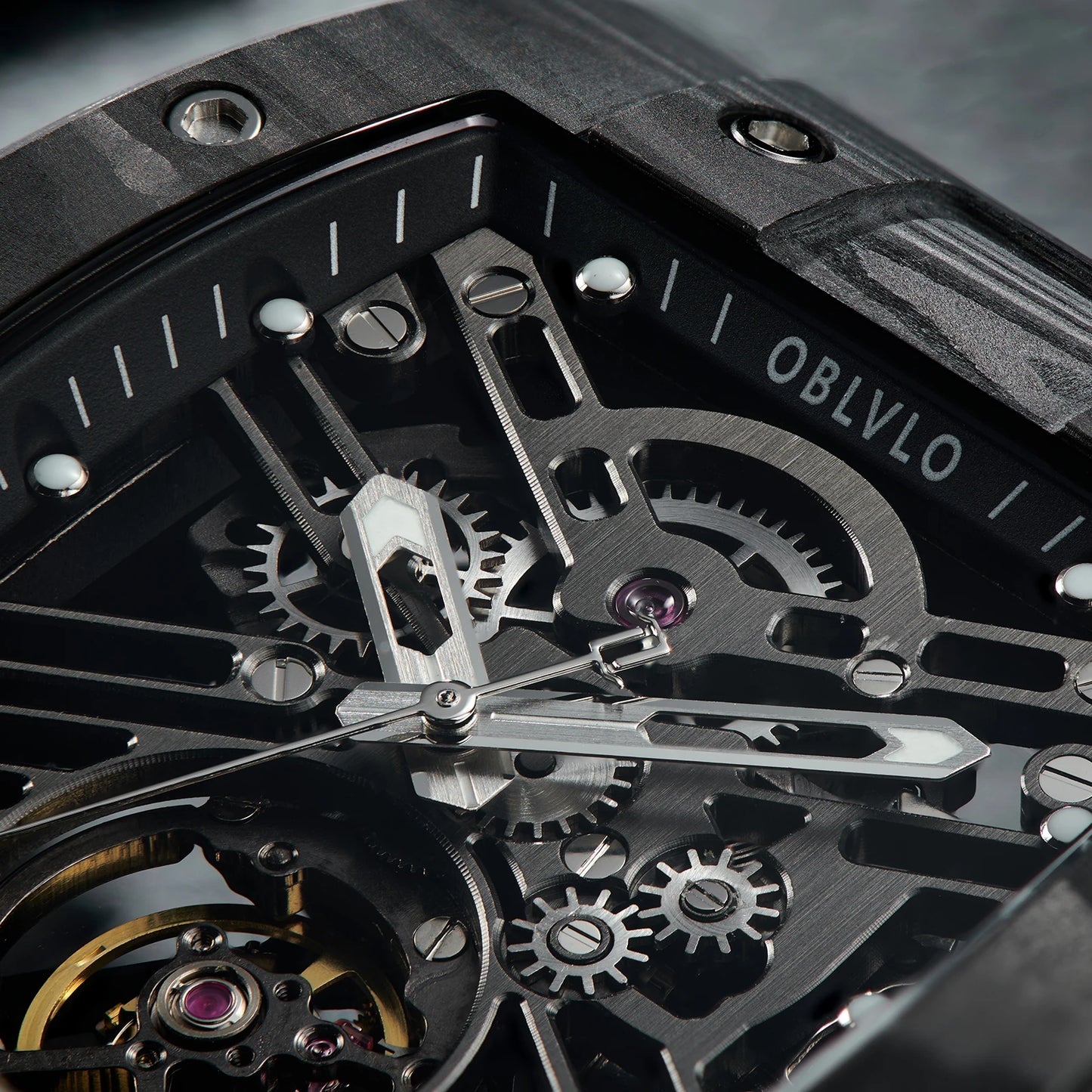 OBLVLO Square Skeleton Sport Watch - Automatic Mechanical, Rubber Strap