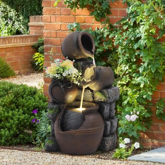Outdoor Water Fountain with Flower Pot & Lights – Cascading Garden Waterfall