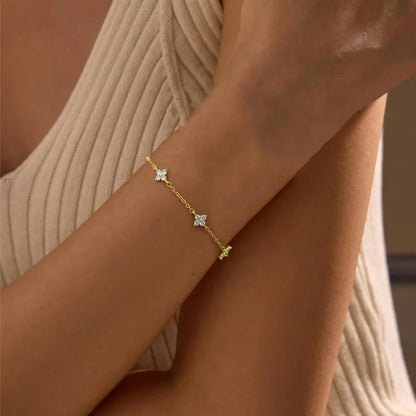 925 Silver Plated CZ Four-Leaf Flower Adjustable Bracelet – Dainty 18k Gold