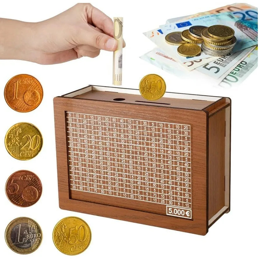 Wooden Euro Money Saving Box with Goal Tracker
