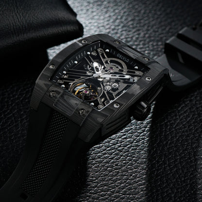 OBLVLO Square Skeleton Sport Watch - Automatic Mechanical, Rubber Strap