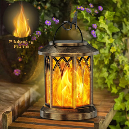 2 Pack Solar Flickering Flame Lanterns - Outdoor Hanging Garden Lights (Bronze/Black)
