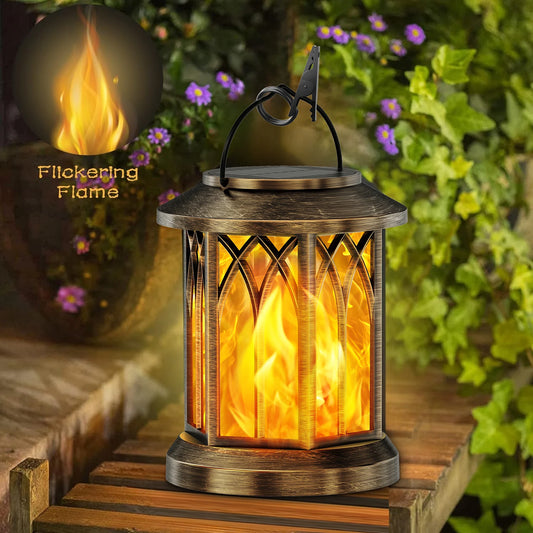 2 Pack Solar Flickering Flame Lanterns - Outdoor Hanging Garden Lights (Bronze/Black)