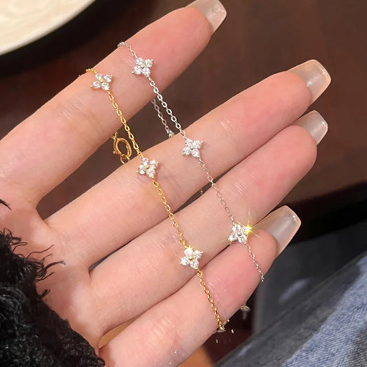 925 Silver Plated CZ Four-Leaf Flower Adjustable Bracelet – Dainty 18k Gold