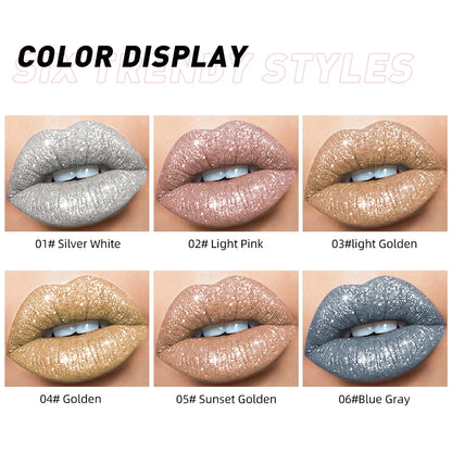 QIBEST Shimmer Lip Gloss 6 Colors Diamond Glitter Lip Tint