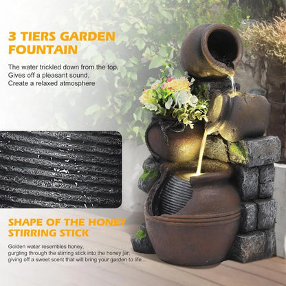 Outdoor Water Fountain with Flower Pot & Lights – Cascading Garden Waterfall