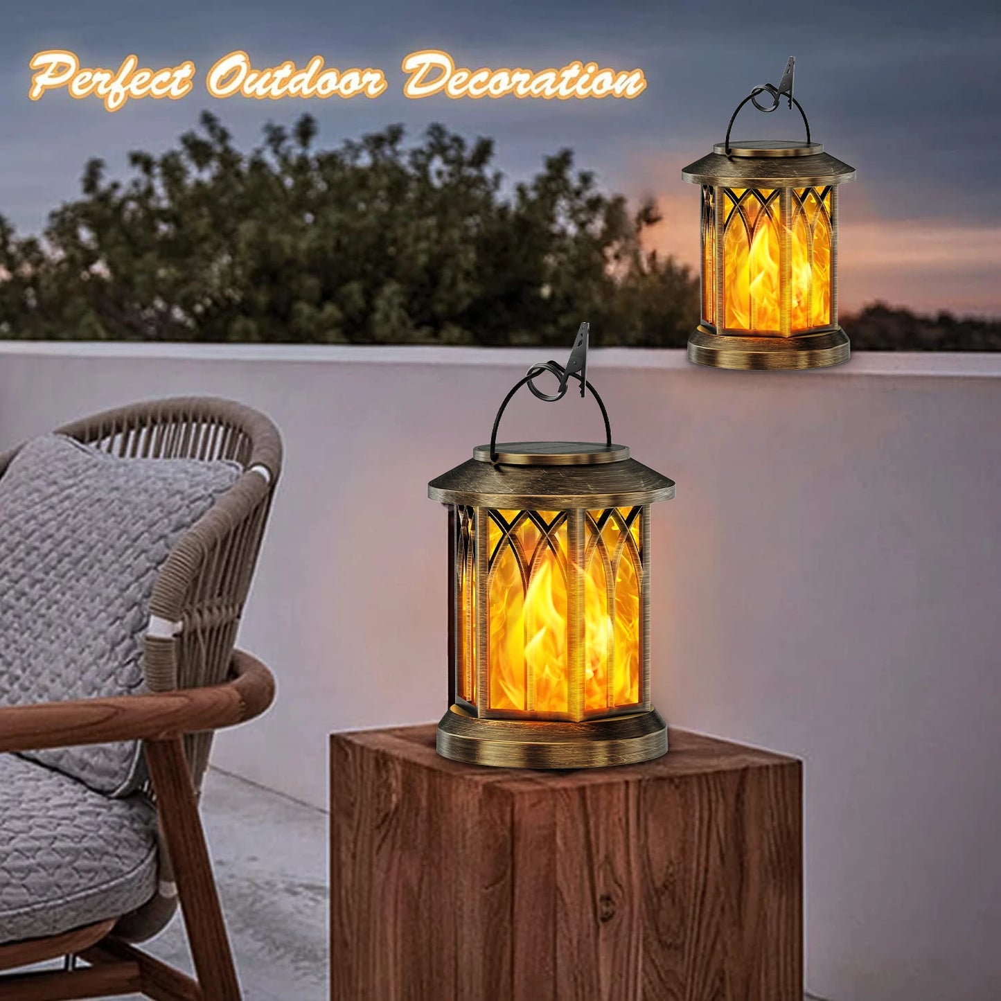 2 Pack Solar Flickering Flame Lanterns - Outdoor Hanging Garden Lights (Bronze/Black)