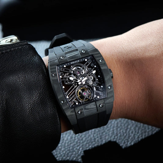 OBLVLO Square Skeleton Sport Watch - Automatic Mechanical, Rubber Strap