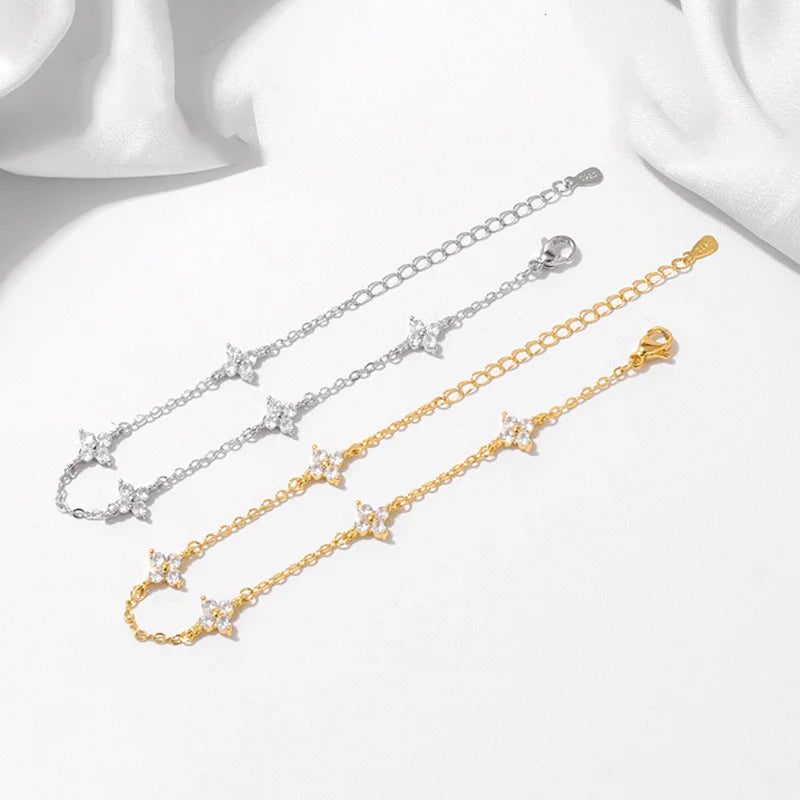 925 Silver Plated CZ Four-Leaf Flower Adjustable Bracelet – Dainty 18k Gold