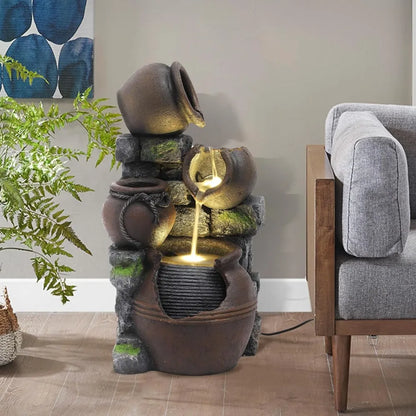 Outdoor Water Fountain with Flower Pot & Lights – Cascading Garden Waterfall