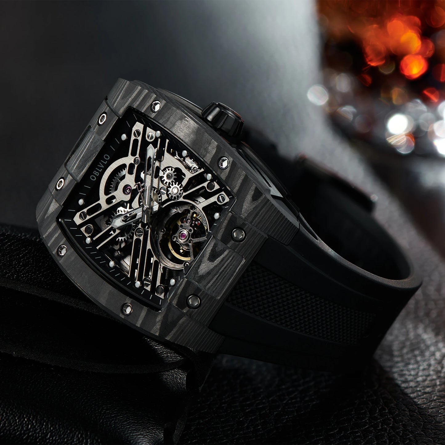 OBLVLO Square Skeleton Sport Watch - Automatic Mechanical, Rubber Strap