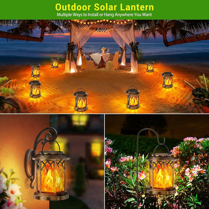 2 Pack Solar Flickering Flame Lanterns - Outdoor Hanging Garden Lights (Bronze/Black)