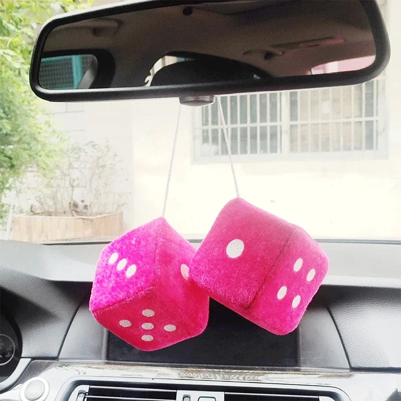 2PCS Fuzzy Dice Car Mirror Hanger – Soft Plush Interior Decor