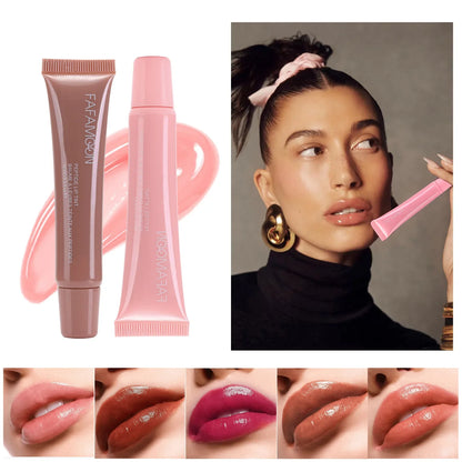 1pc Plumping Mirror Lip Gloss – Nude Brown, Transparent, Moisturizing Lip Oil