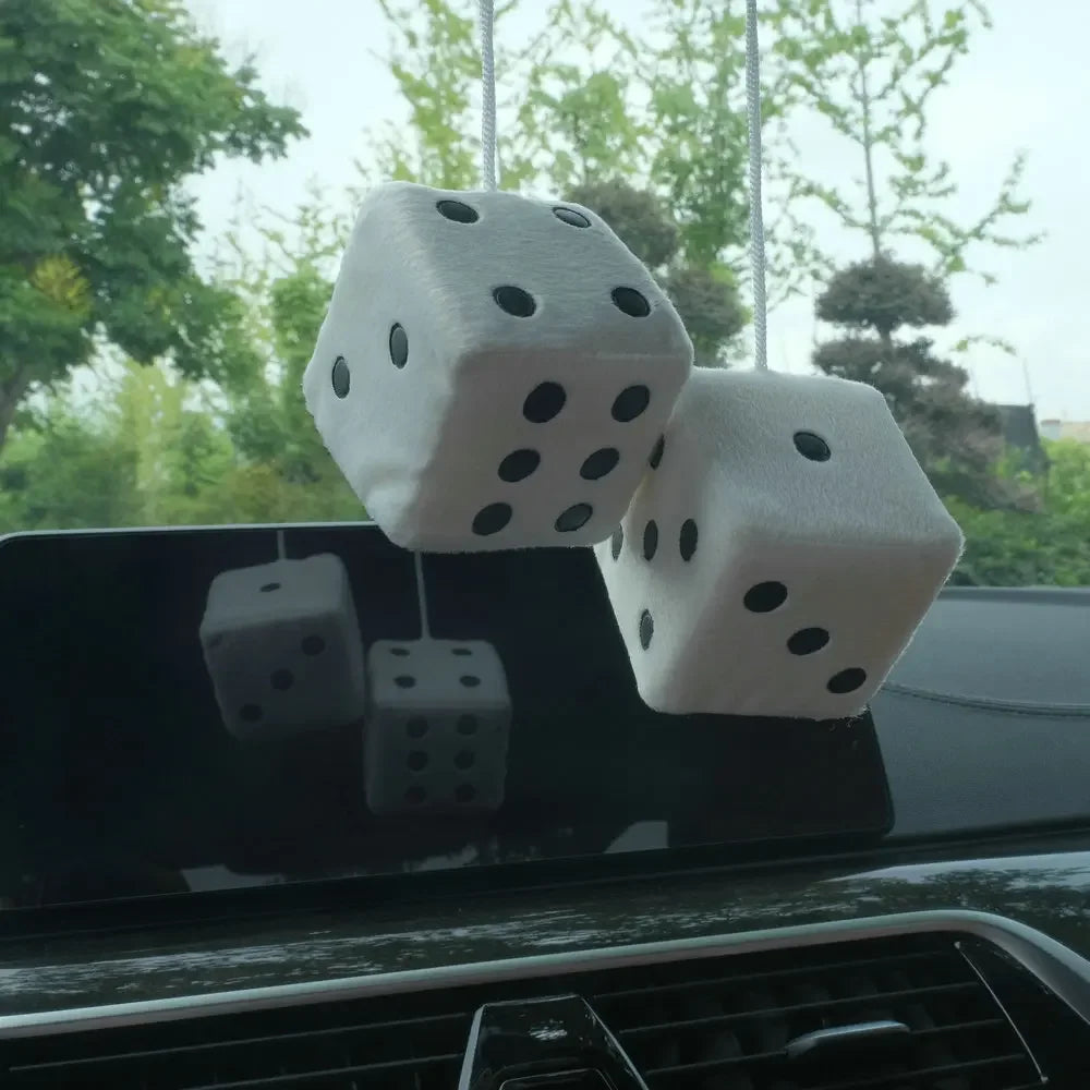 2PCS Fuzzy Dice Car Mirror Hanger – Soft Plush Interior Decor