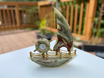 Sail of Time – Handcrafted Onyx Ship with Clock